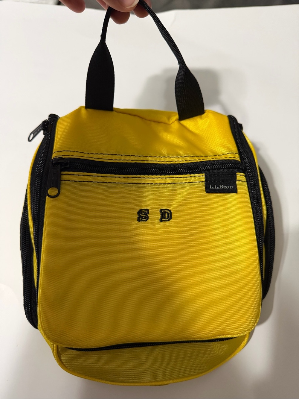 L.L. Bean Yellow Toiletry Bag with Black Trim many pockets hook has SD monogram